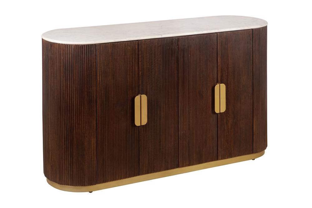 Sideboard massif GATSBY 140cm bois de manguier brun métal doré plateau en marbre blanc