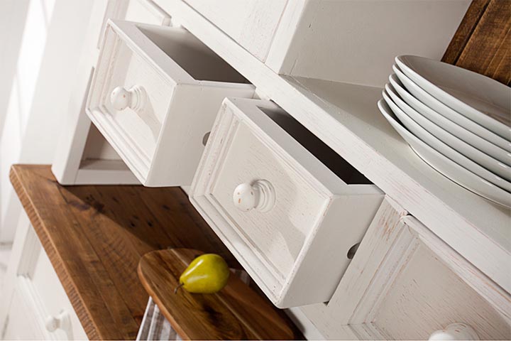 Buffet massif HERITAGE 150cm bois de pin naturel portes industrielles vitrine en métal