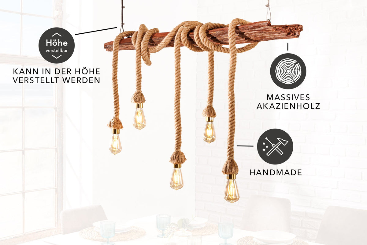 Suspension maritime SEVEN SEAS 110cm plafonnier en corde de bois massif 5 lumières