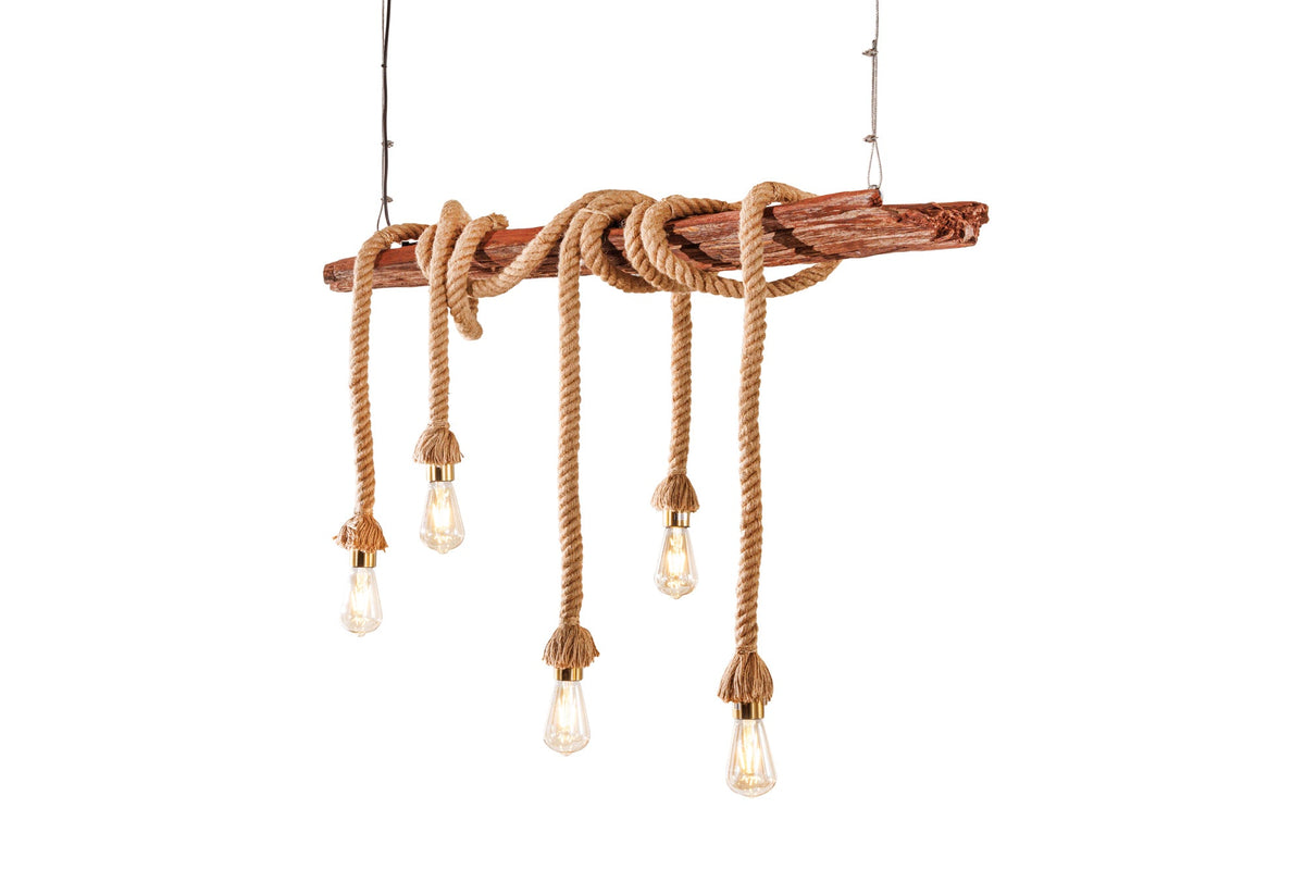 Suspension maritime SEVEN SEAS 110cm plafonnier en corde de bois massif 5 lumières