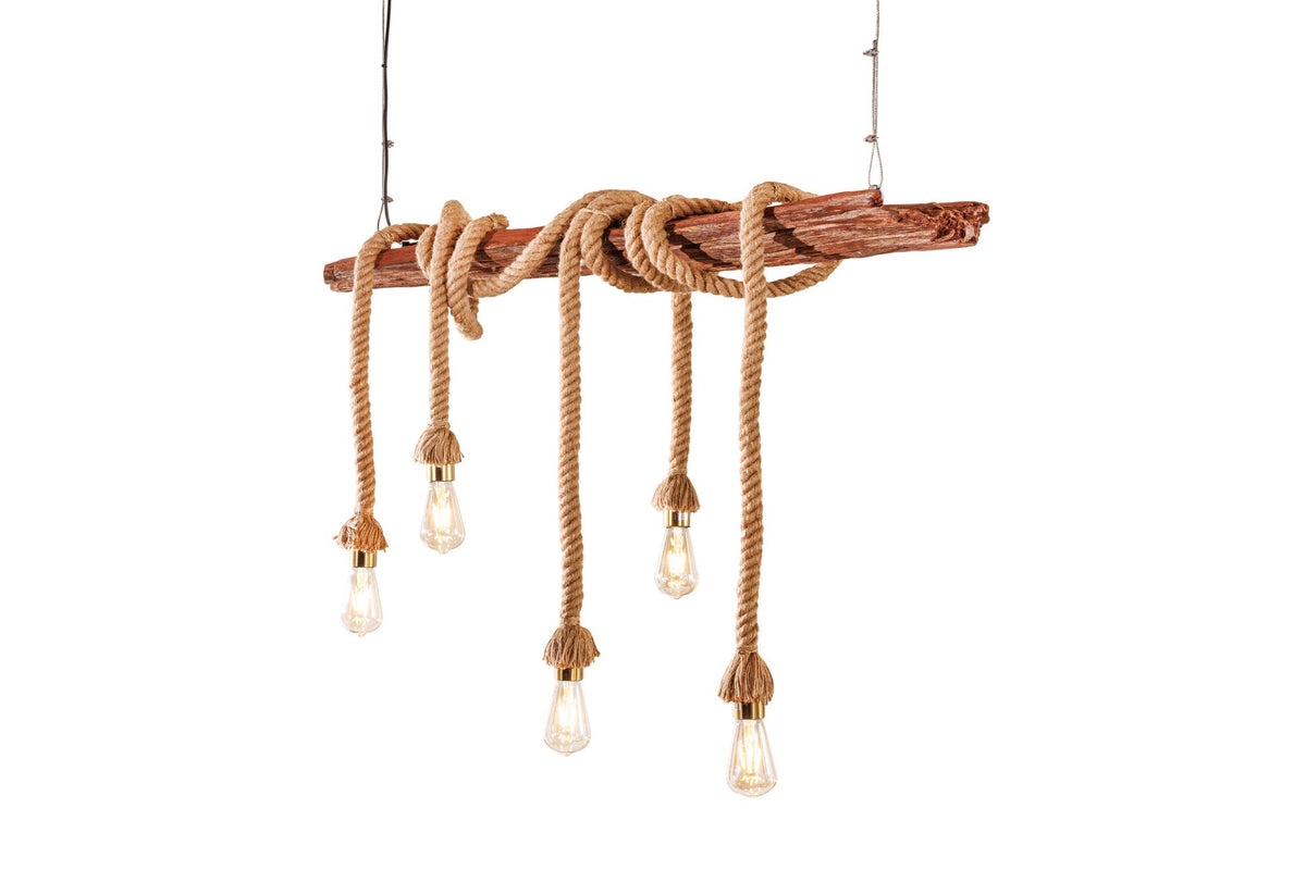 Suspension maritime SEVEN SEAS 110cm plafonnier en corde de bois massif 5 lumières