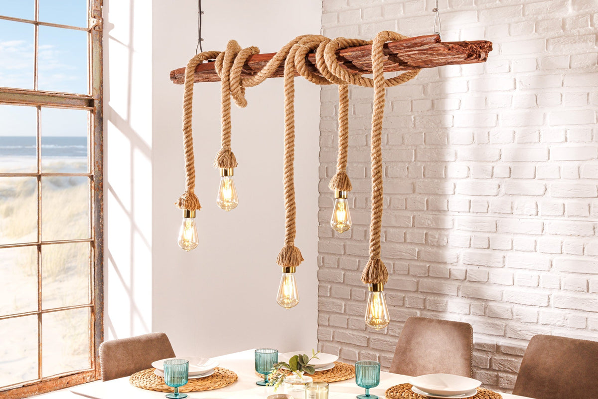 Suspension maritime SEVEN SEAS 110cm plafonnier en corde de bois massif 5 lumières