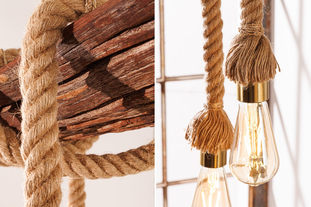Suspension maritime SEVEN SEAS 110cm plafonnier en corde de bois massif 5 lumières
