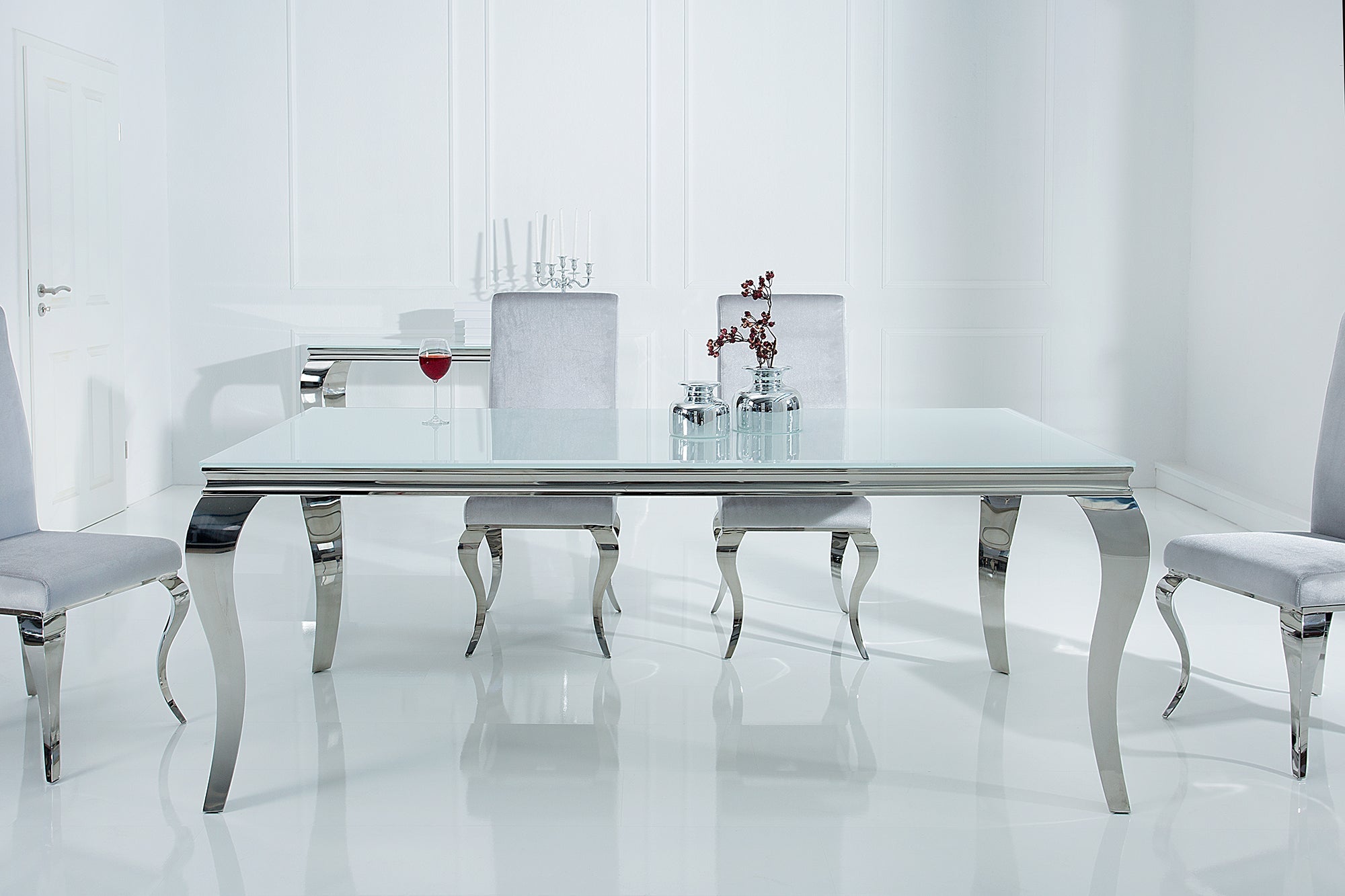 Mesa de comedor elegante y moderna de estilo barroco, 180 cm, acero inoxidable blanco y tablero de cristal opalino