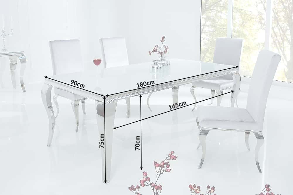 Mesa de comedor elegante y moderna de estilo barroco, 180 cm, acero inoxidable blanco y tablero de cristal opalino