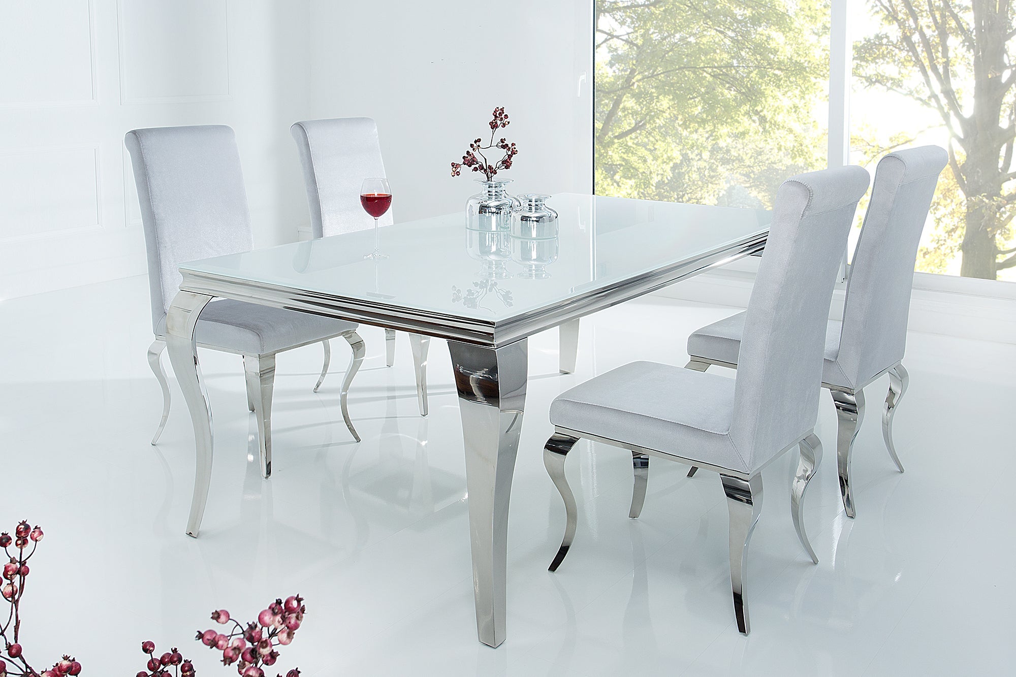 Mesa de comedor elegante y moderna de estilo barroco, 180 cm, acero inoxidable blanco y tablero de cristal opalino