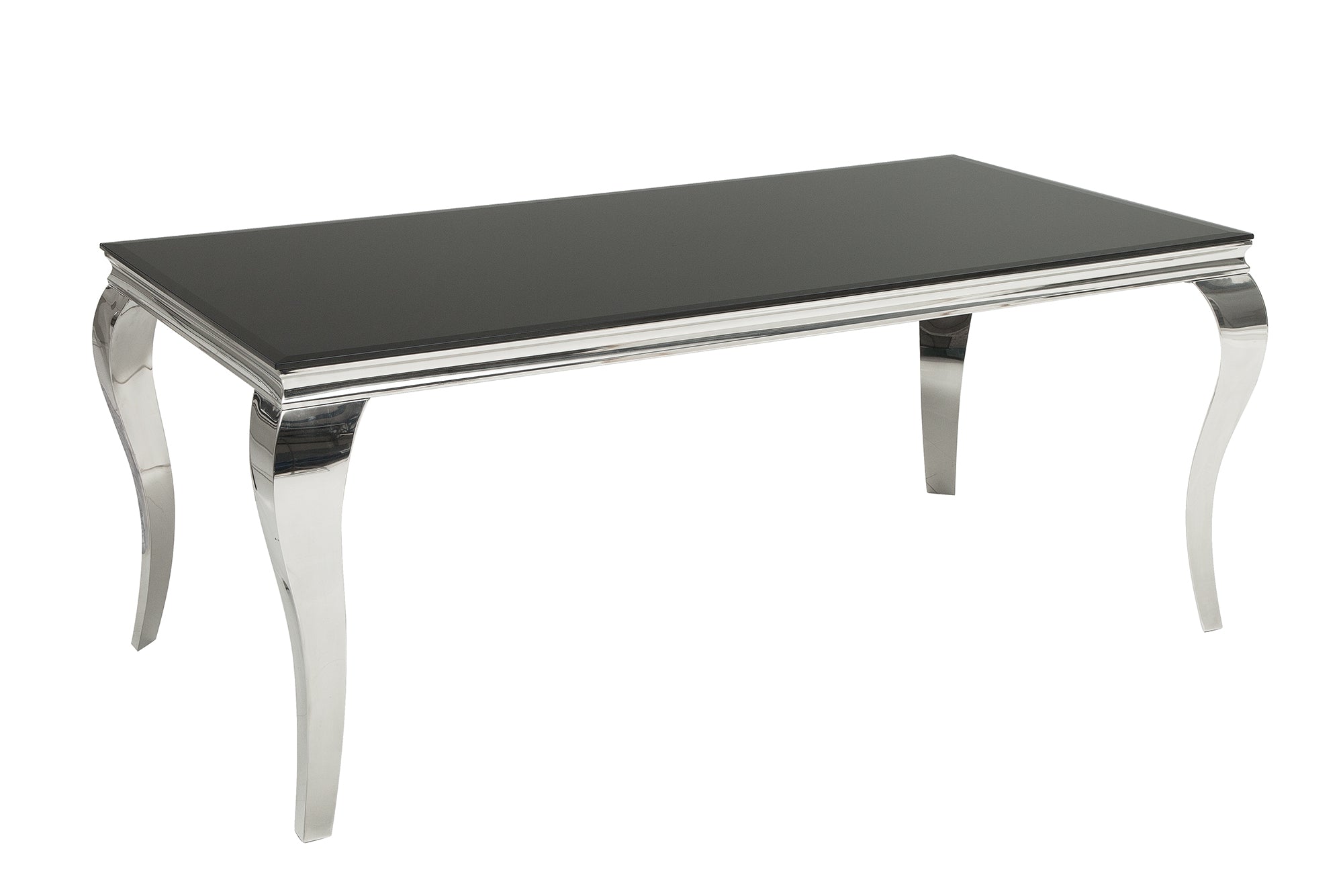 Mesa de comedor elegante y moderna de estilo barroco, 180 cm, acero inoxidable negro y tablero de cristal opalino
