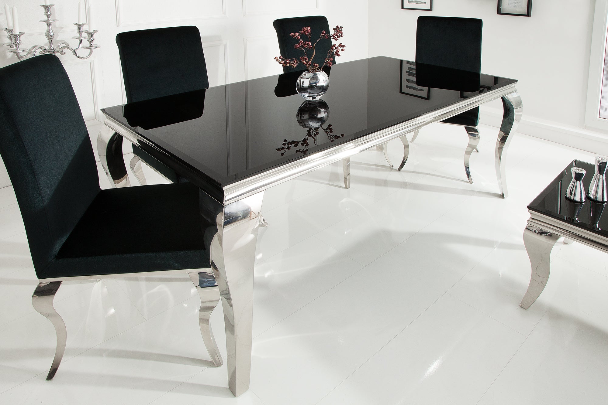 Mesa de comedor elegante y moderna de estilo barroco, 180 cm, acero inoxidable negro y tablero de cristal opalino
