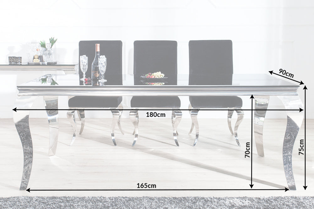 Mesa de comedor elegante y moderna de estilo barroco, 180 cm, acero inoxidable negro y tablero de cristal opalino