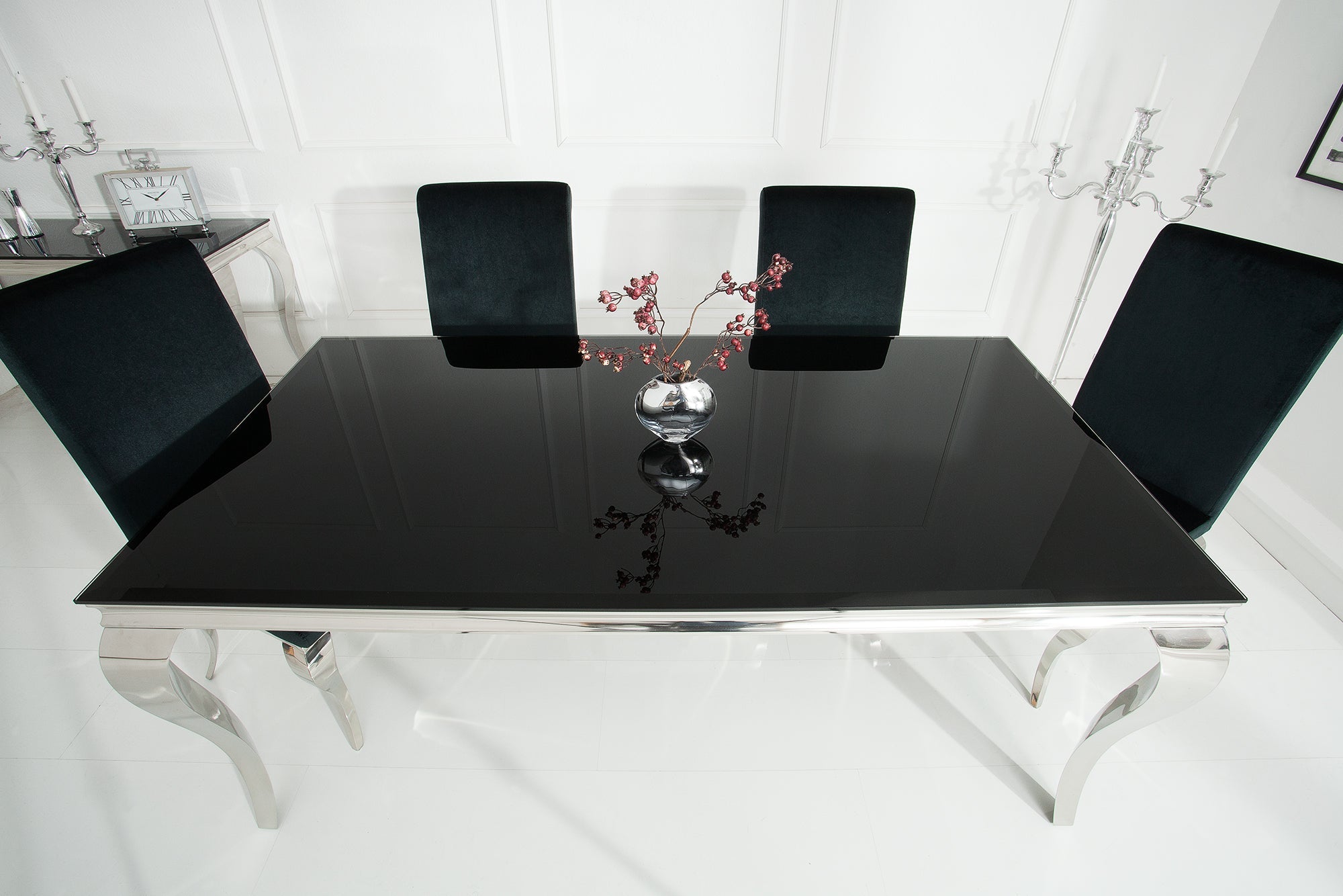 Mesa de comedor elegante y moderna de estilo barroco, 180 cm, acero inoxidable negro y tablero de cristal opalino