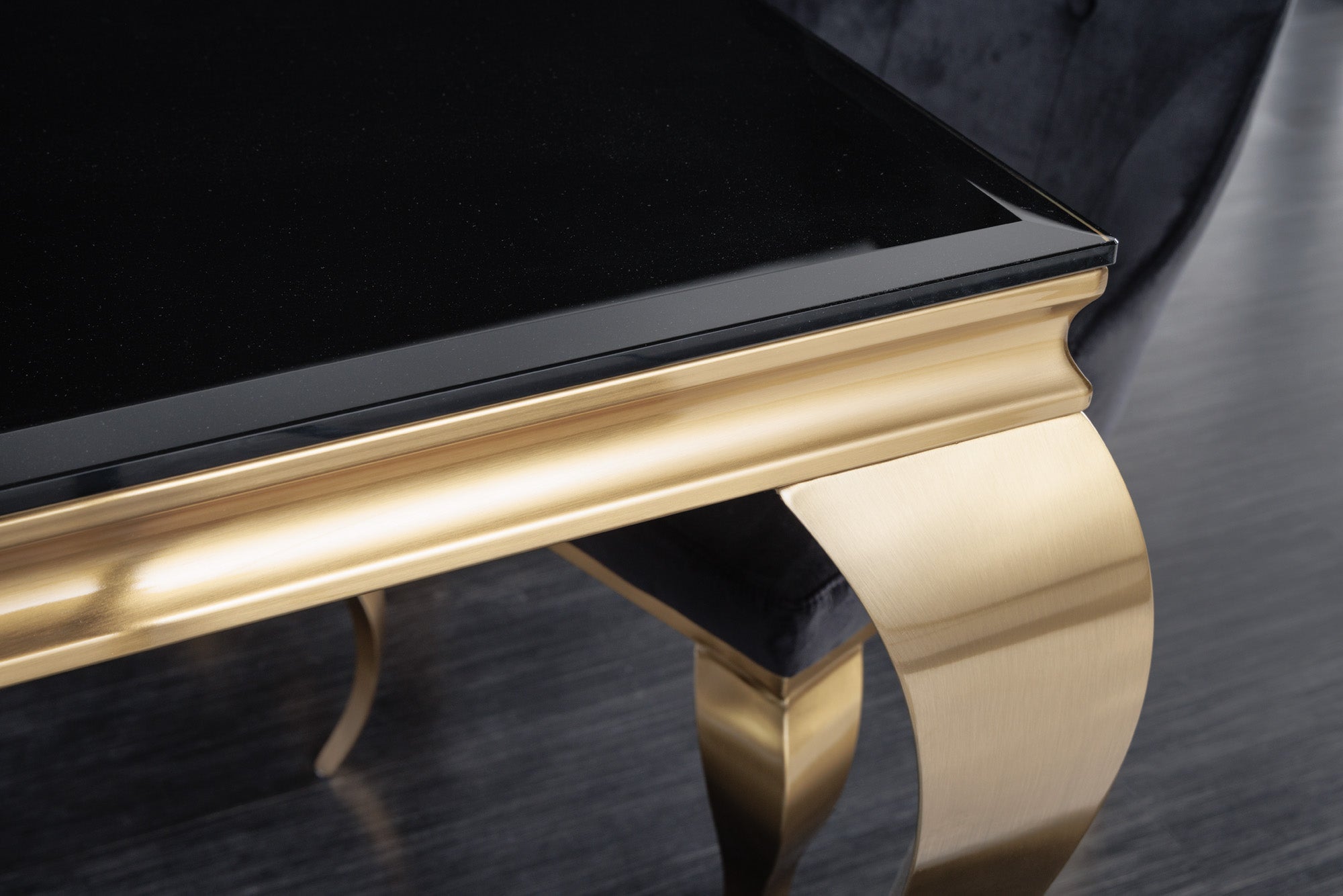 Mesa de comedor elegante y moderna de estilo barroco, 180 cm, tablero de cristal opalino, acero inoxidable negro y dorado