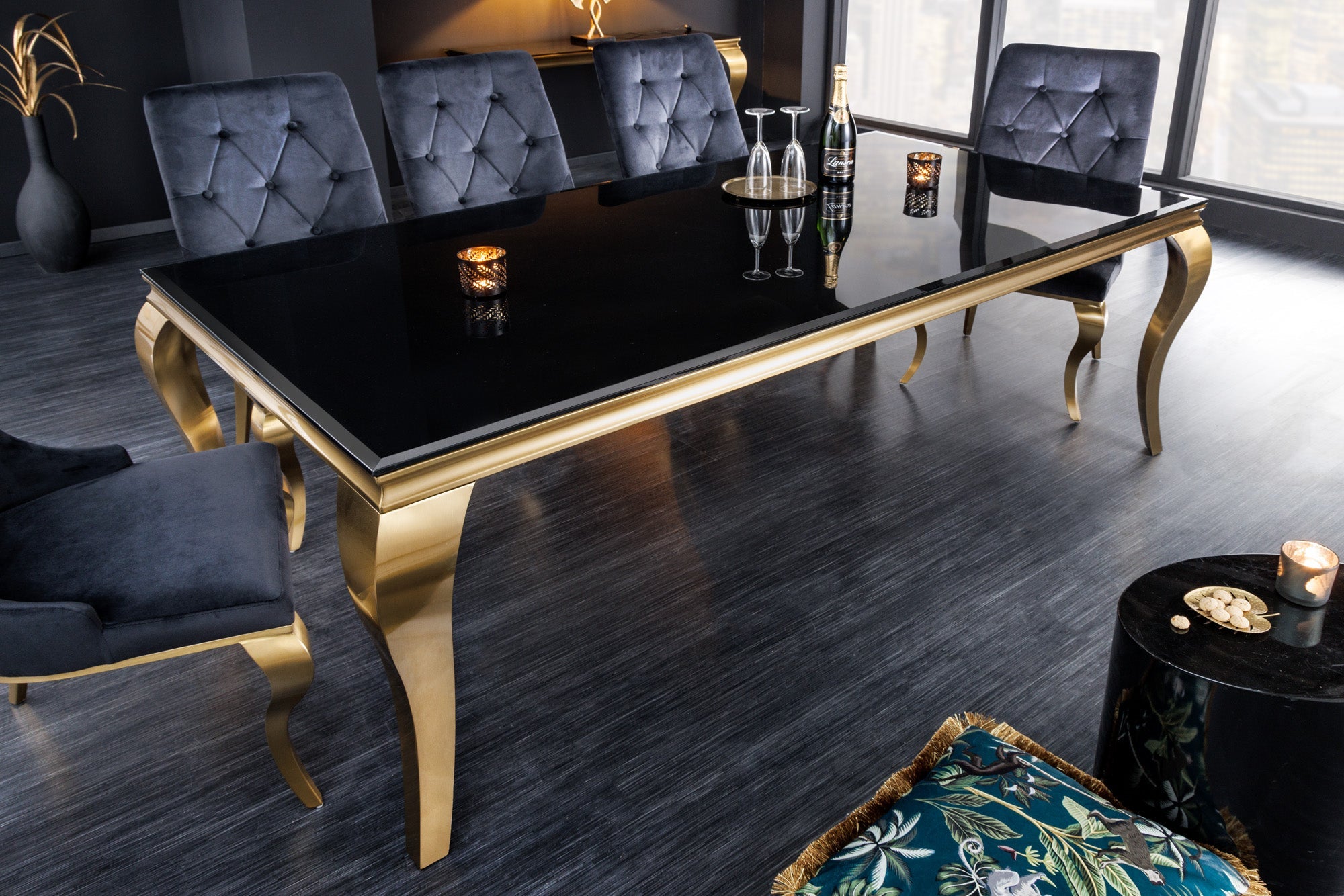 Mesa de comedor elegante y moderna de estilo barroco, 180 cm, tablero de cristal opalino, acero inoxidable negro y dorado