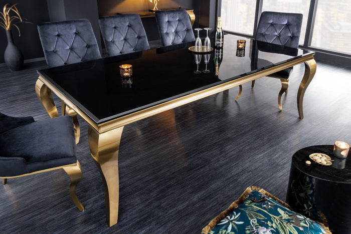 Table à manger au design élégant et moderne de style baroque, 180 cm, plateau en verre opale, acier inoxydable noir et or