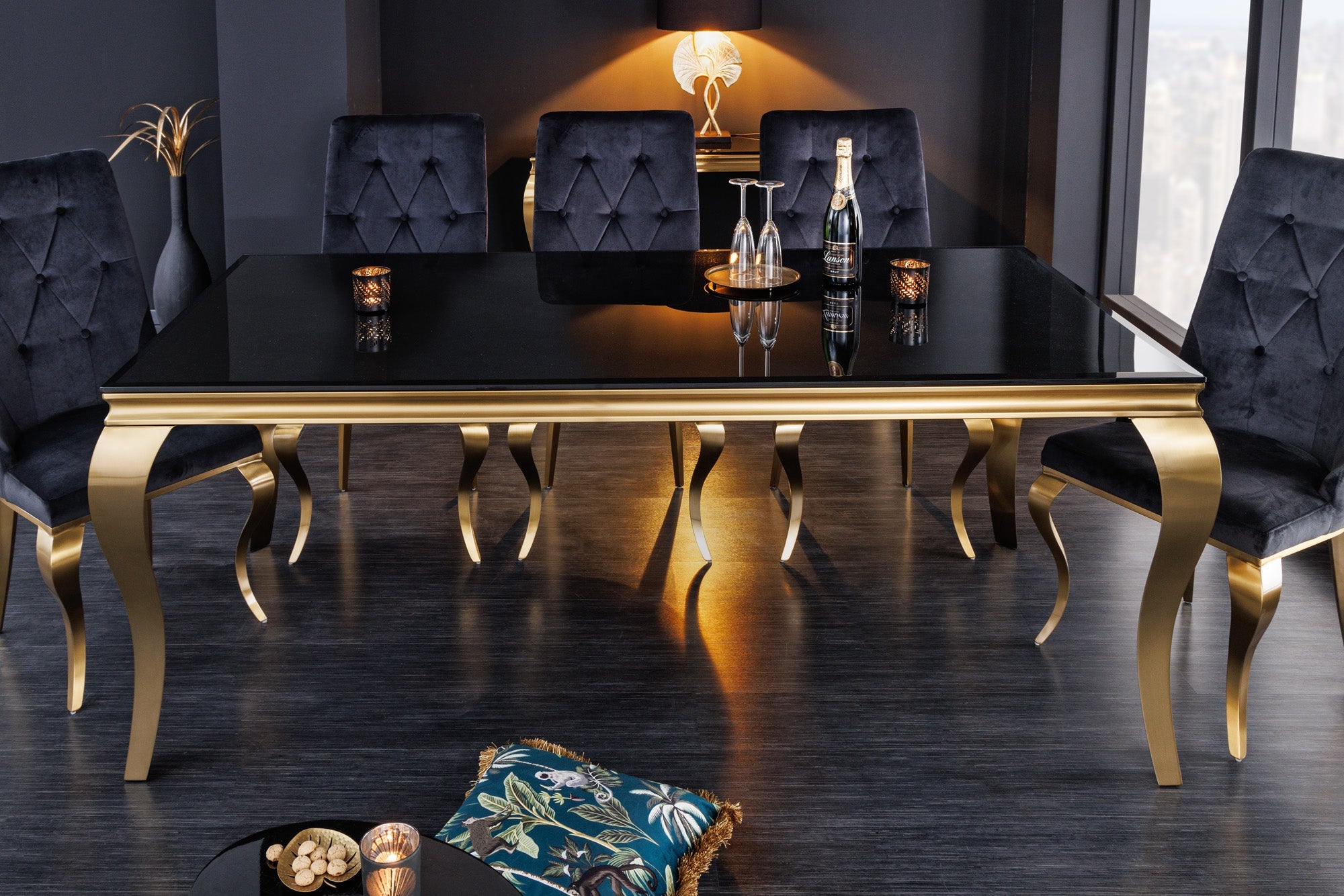 Mesa de comedor elegante y moderna de estilo barroco, 180 cm, tablero de cristal opalino, acero inoxidable negro y dorado