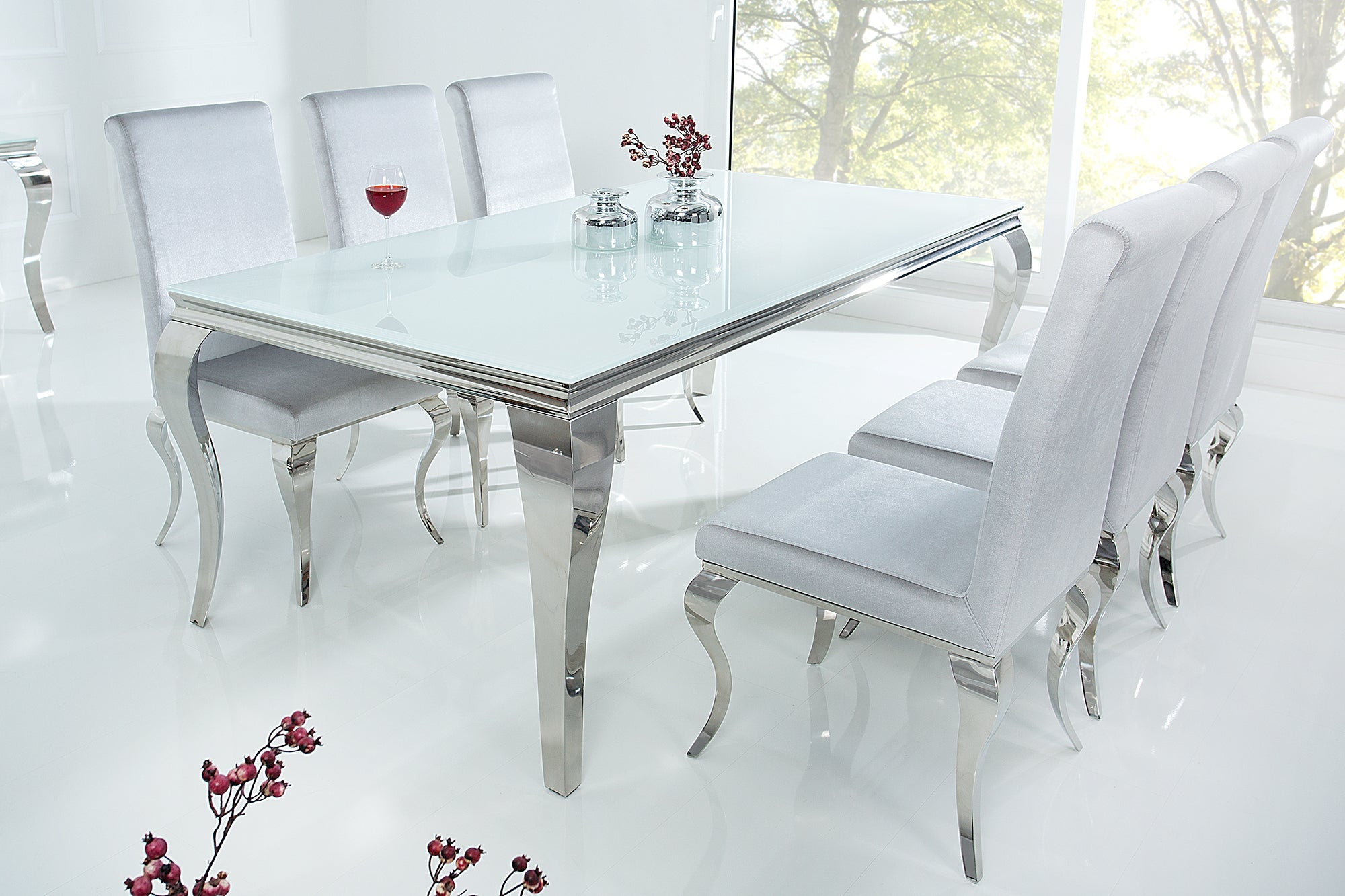 Mesa de comedor elegante y moderna de estilo barroco, 200 cm, acero inoxidable blanco y tablero de cristal opalino