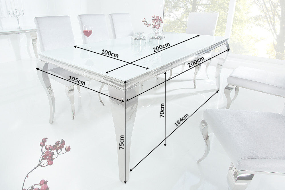 Mesa de comedor elegante y moderna de estilo barroco, 200 cm, acero inoxidable blanco y tablero de cristal opalino