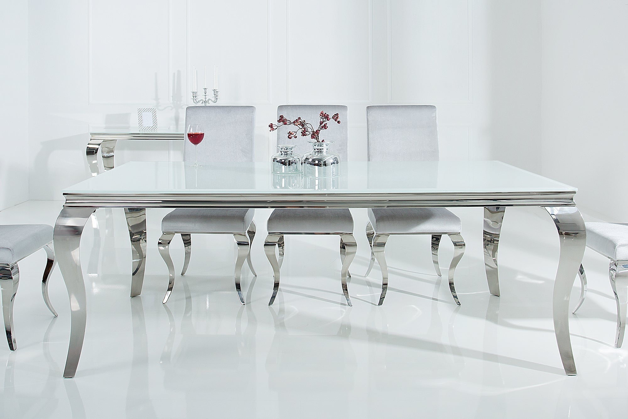 Mesa de comedor elegante y moderna de estilo barroco, 200 cm, acero inoxidable blanco y tablero de cristal opalino