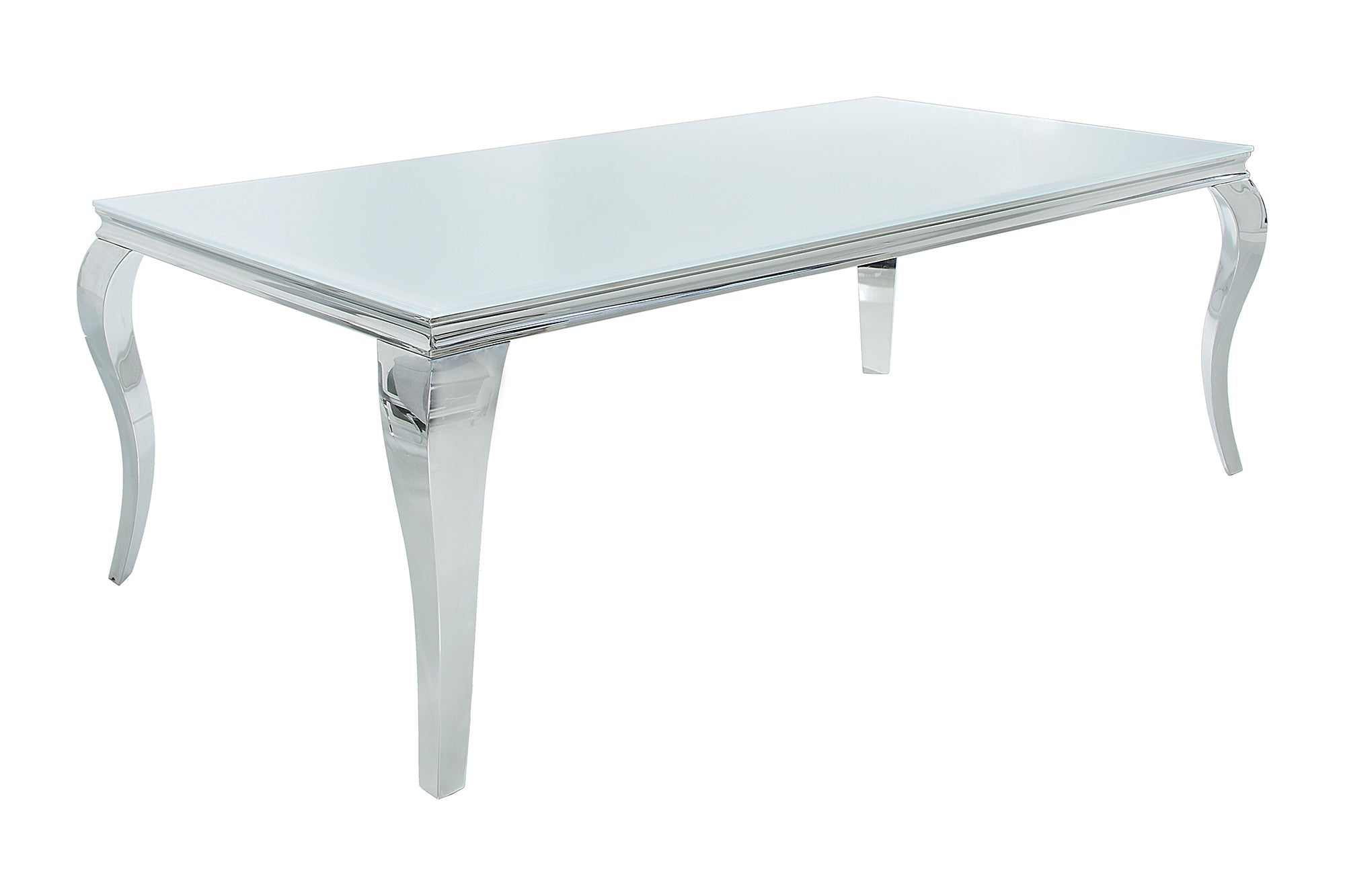 Mesa de comedor elegante y moderna de estilo barroco, 200 cm, acero inoxidable blanco y tablero de cristal opalino
