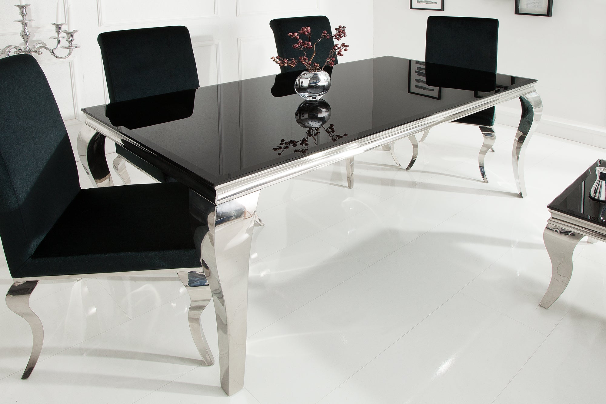Mesa de comedor elegante y moderna de estilo barroco, 200 cm, acero inoxidable negro y tablero de cristal opalino