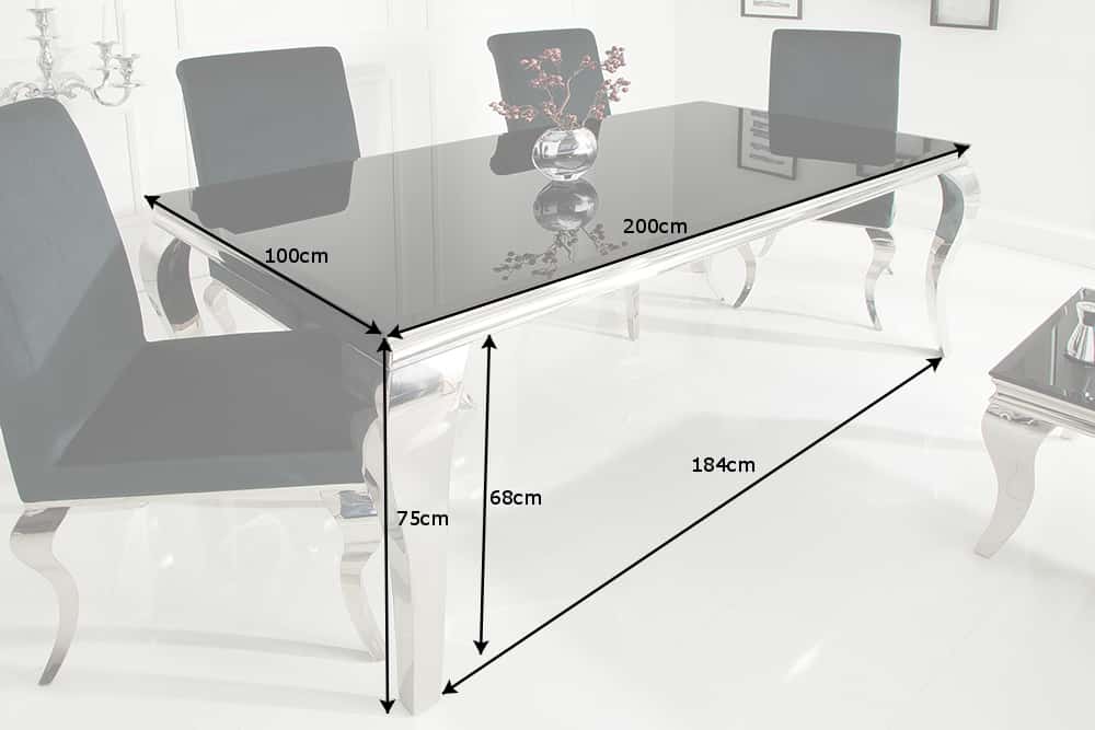 Mesa de comedor elegante y moderna de estilo barroco, 200 cm, acero inoxidable negro y tablero de cristal opalino