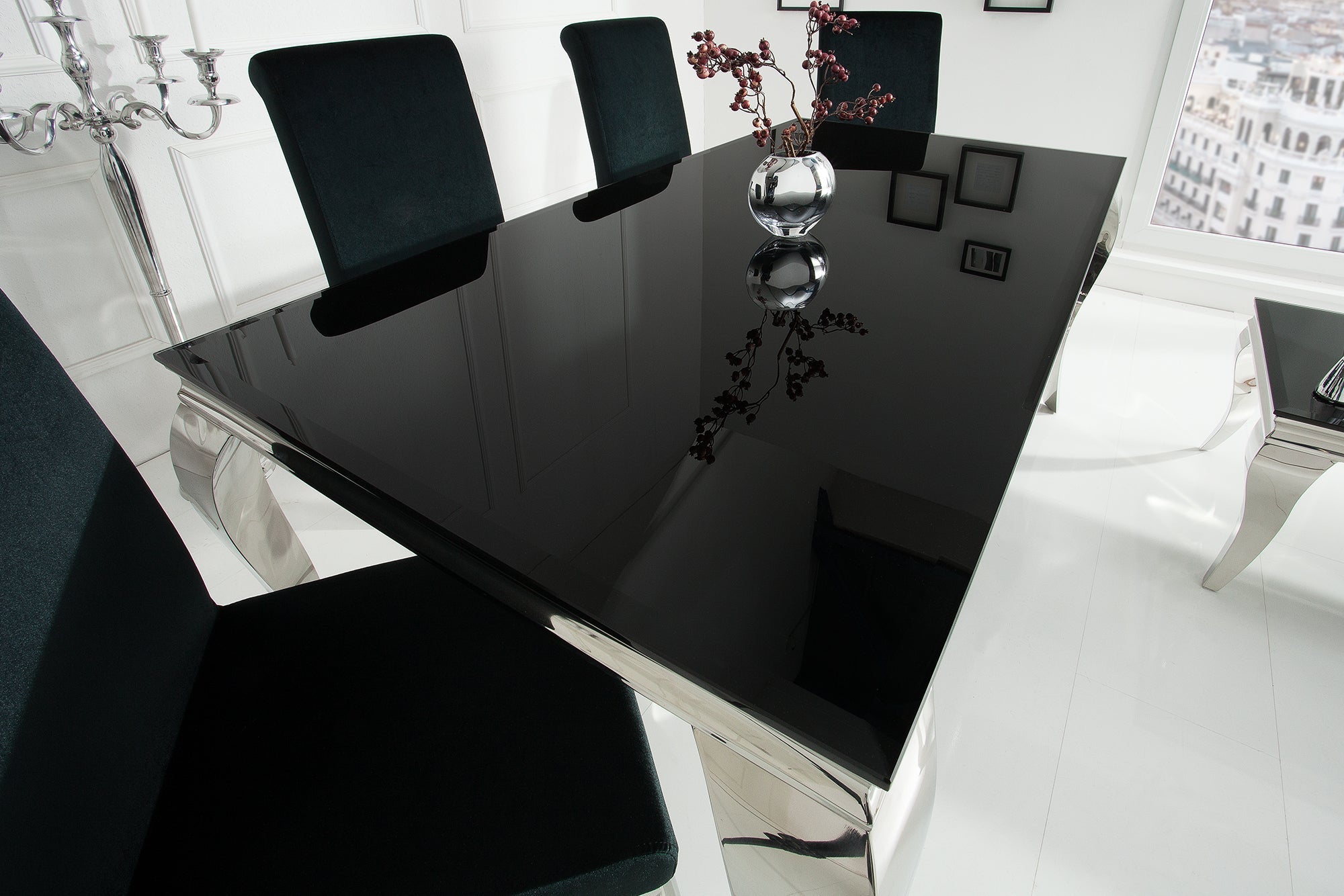 Mesa de comedor elegante y moderna de estilo barroco, 200 cm, acero inoxidable negro y tablero de cristal opalino