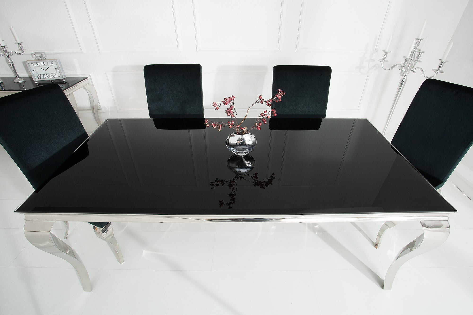 Mesa de comedor elegante y moderna de estilo barroco, 200 cm, acero inoxidable negro y tablero de cristal opalino