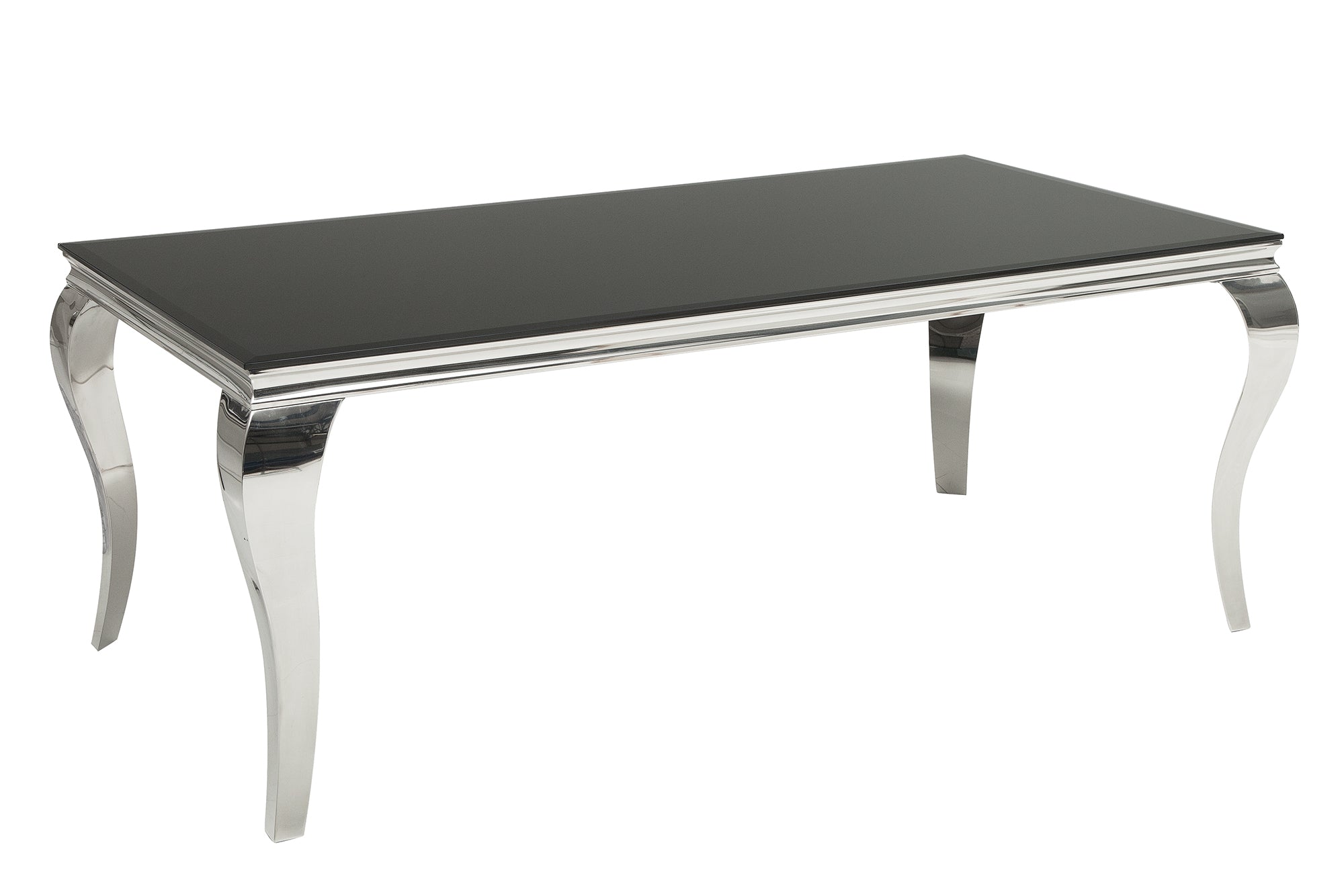 Mesa de comedor elegante y moderna de estilo barroco, 200 cm, acero inoxidable negro y tablero de cristal opalino