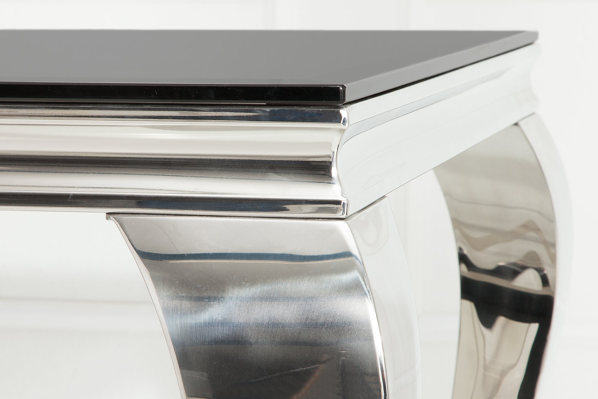 Mesa de comedor elegante y moderna de estilo barroco, 200 cm, acero inoxidable negro y tablero de cristal opalino