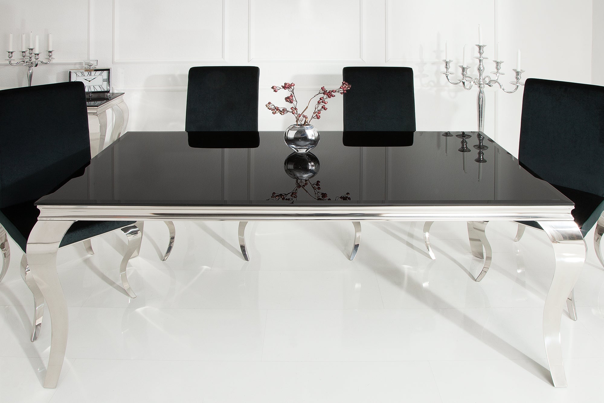 Mesa de comedor elegante y moderna de estilo barroco, 200 cm, acero inoxidable negro y tablero de cristal opalino