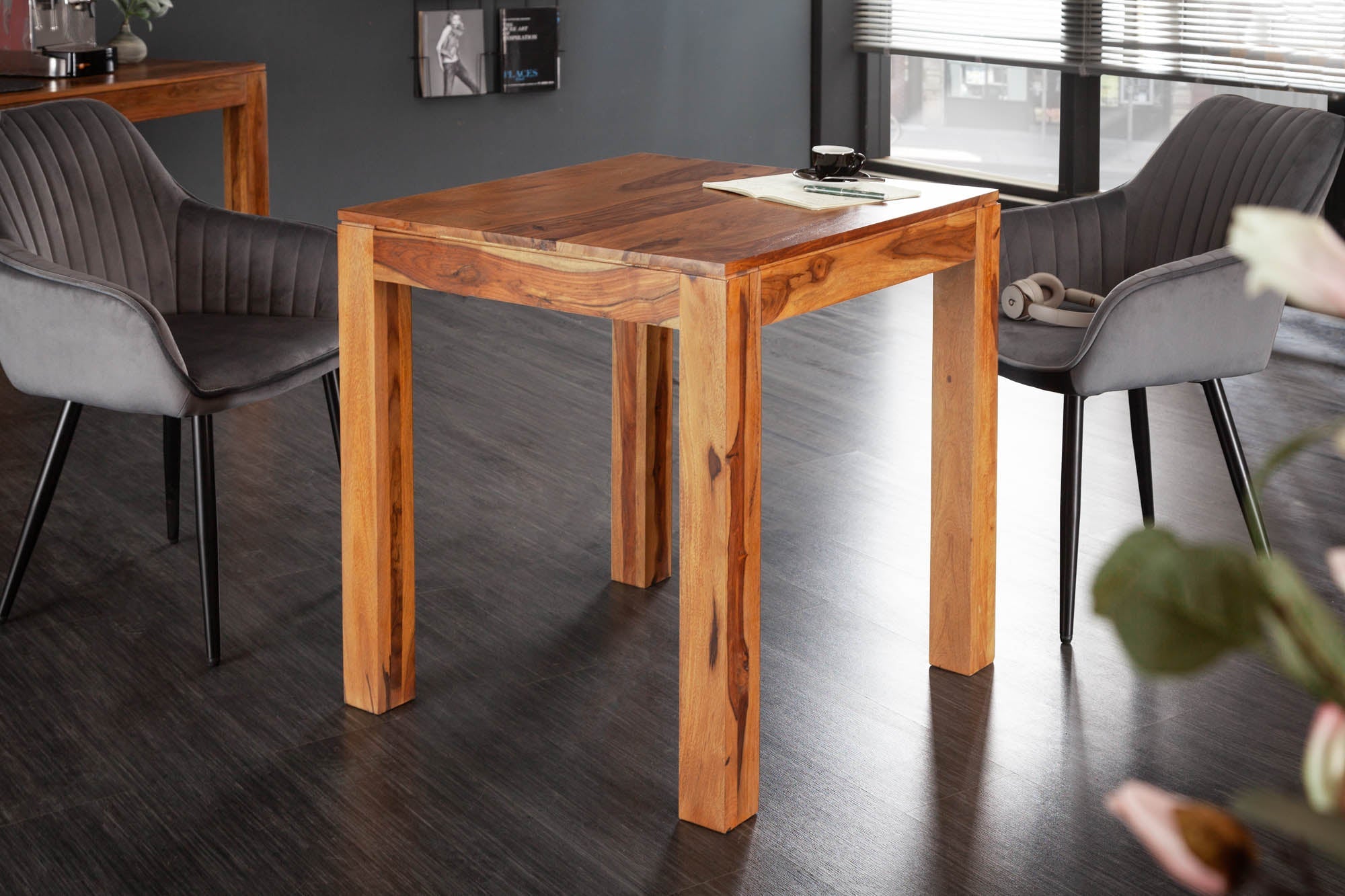 Mesa de comedor cuadrada de madera maciza PURE 70 cm, acabado piedra Sheesham marrón