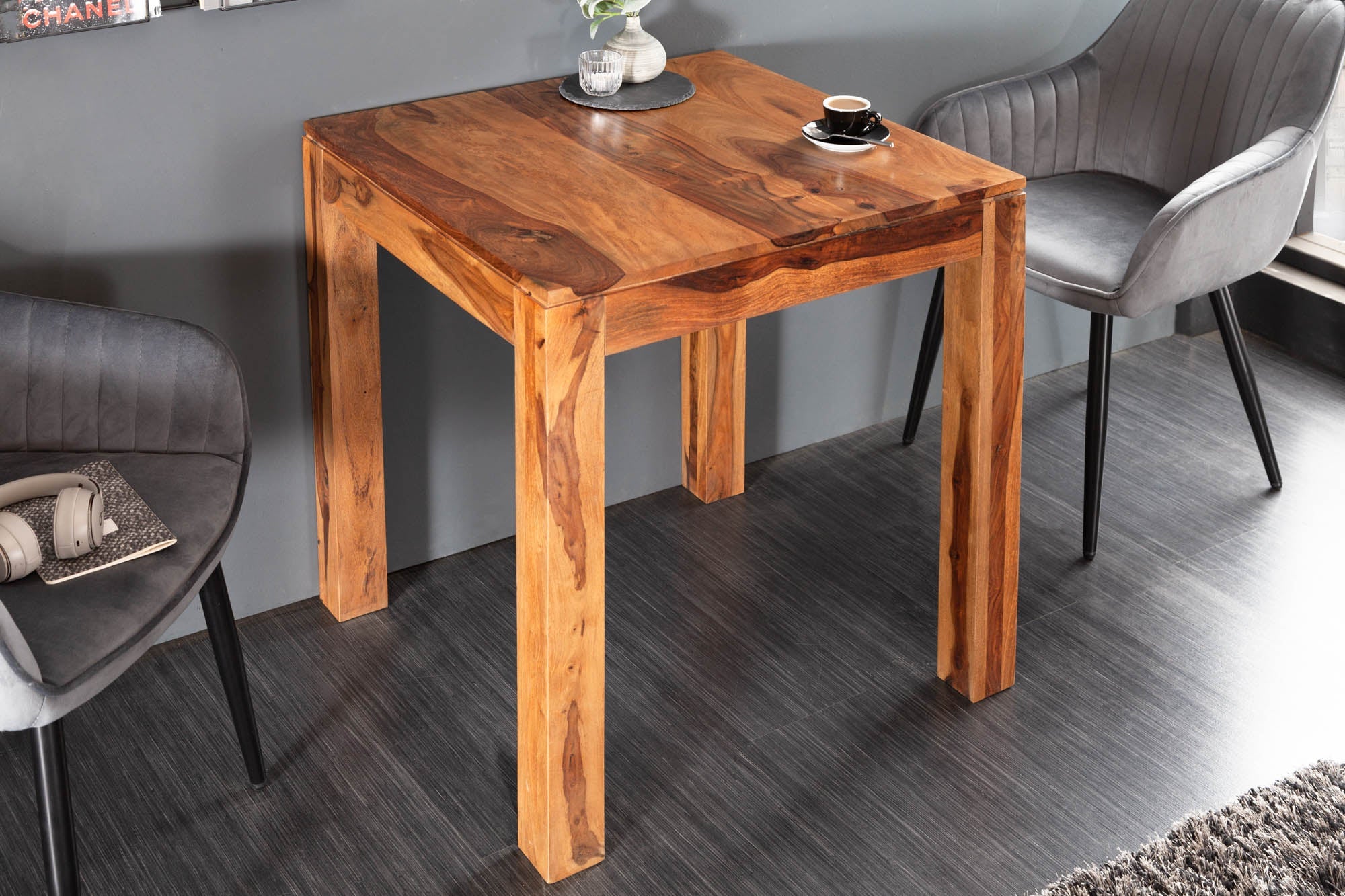 Mesa de comedor cuadrada de madera maciza PURE 70 cm, acabado piedra Sheesham marrón