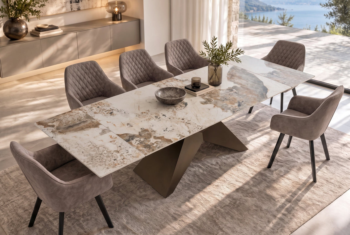 Table à manger design DIAMOND 180-260cm blanc marron Pandora structure métal céramique bronze