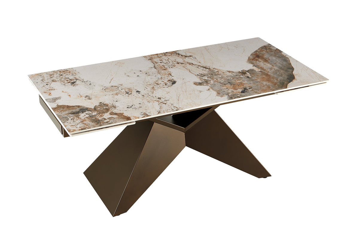 Table à manger design DIAMOND 180-260cm blanc marron Pandora structure métal céramique bronze