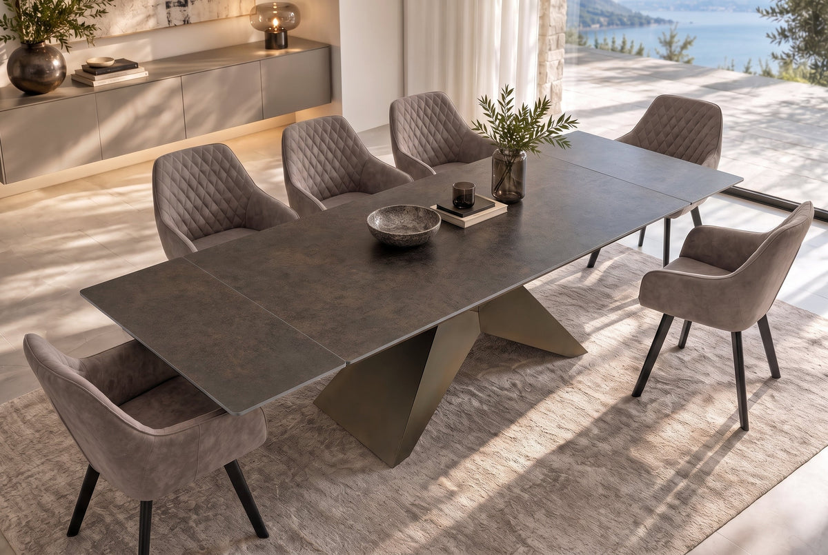 Table à manger design DIAMOND 180-260cm rouille céramique structure métal bronze