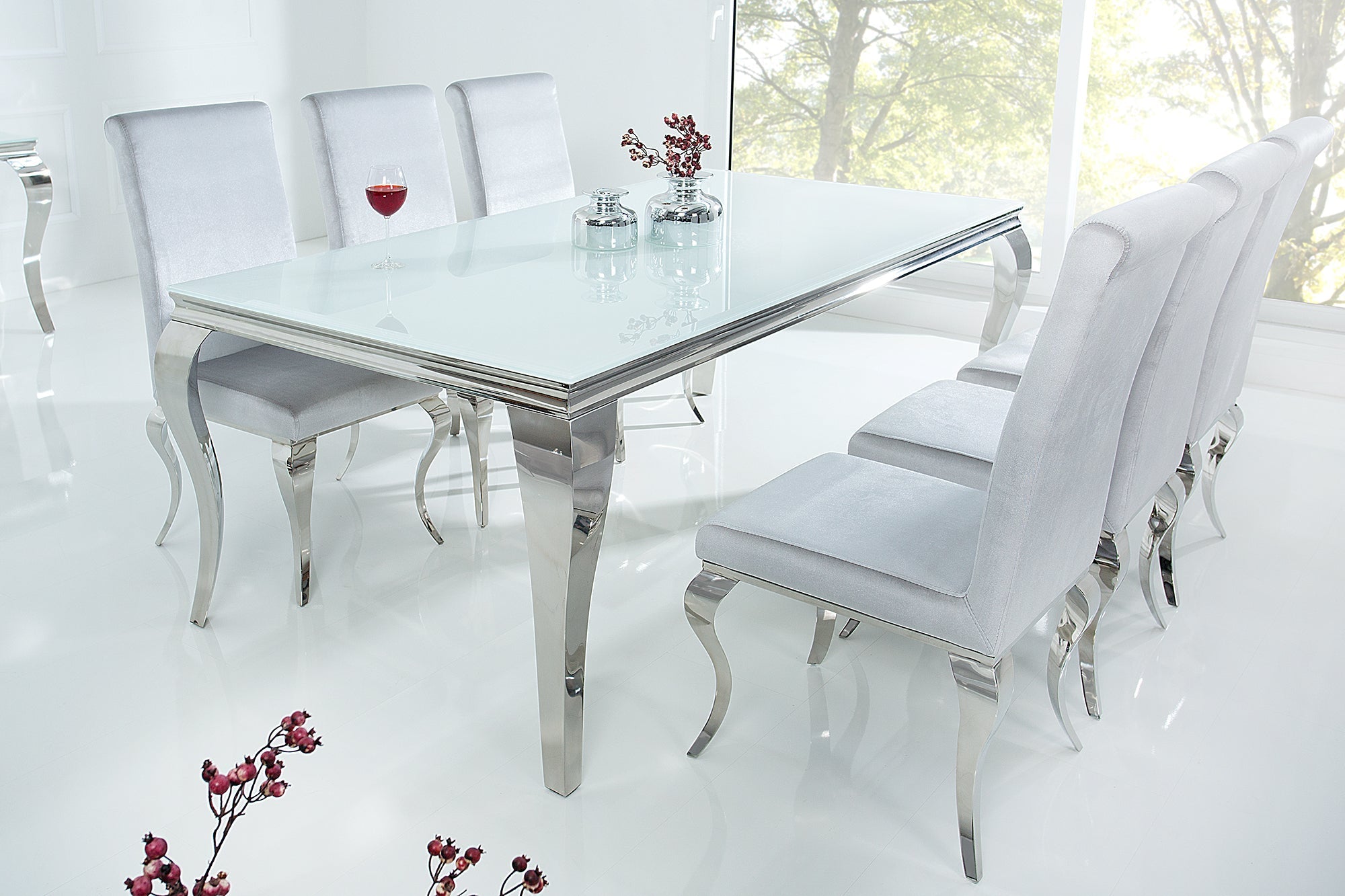 Table à manger design élégant MODERNE BAROQUE 200cm plateau en verre opale en acier inoxydable blanc