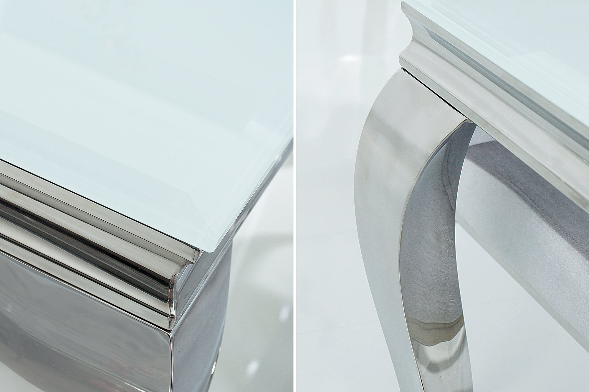 Table à manger design élégant MODERNE BAROQUE 200cm plateau en verre opale en acier inoxydable blanc