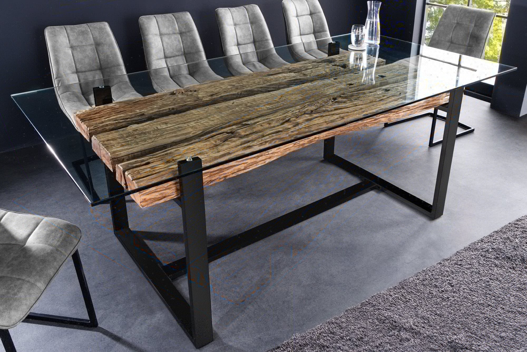 table-a-manger-design-en-verre-barracuda-220-cm-teck-naturel-bois-massif-pietement-luge-noir_43342 (inv)