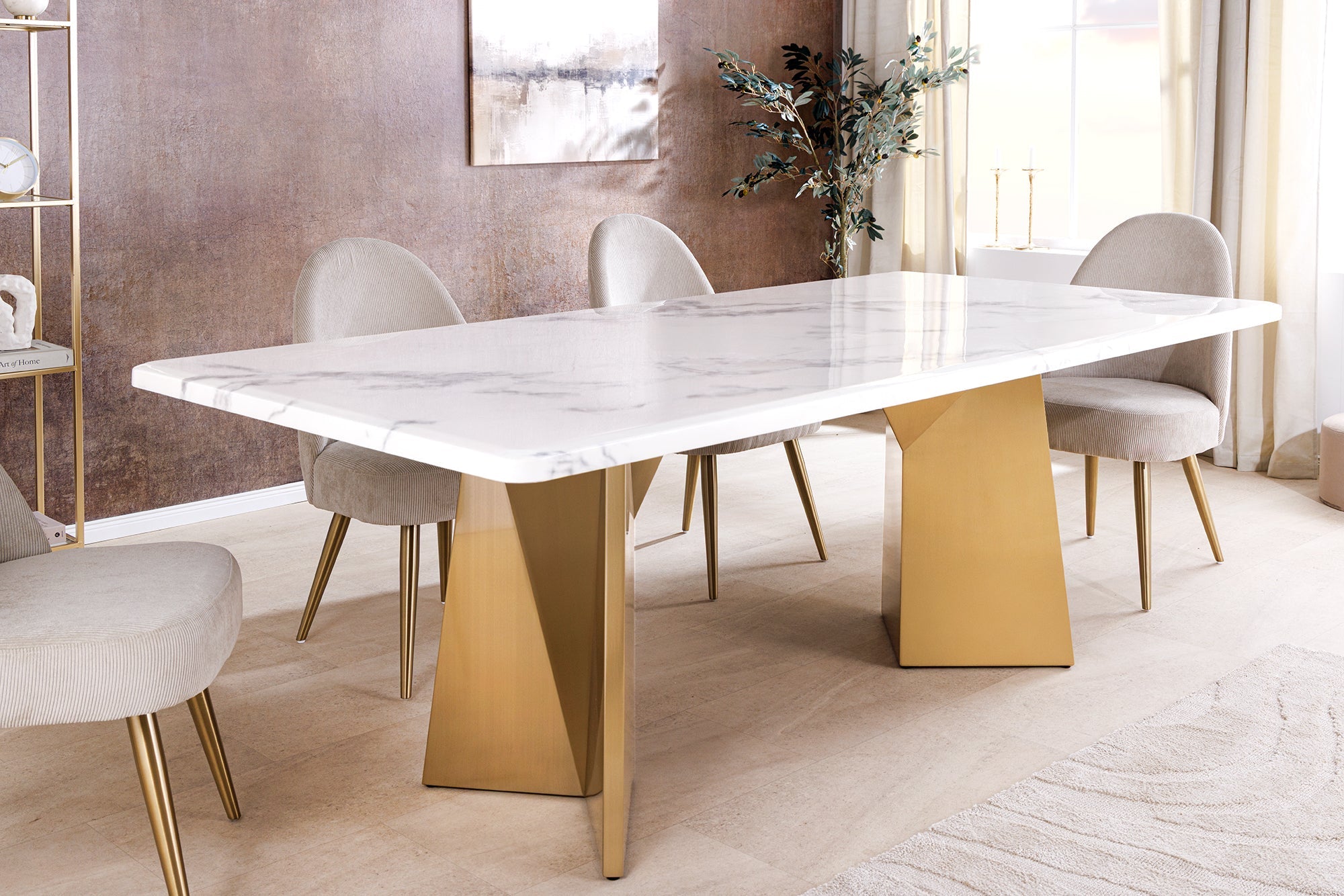 Table à manger design EXTRAVAGANCIA 200cm marbre blanc métal brossé champagne or