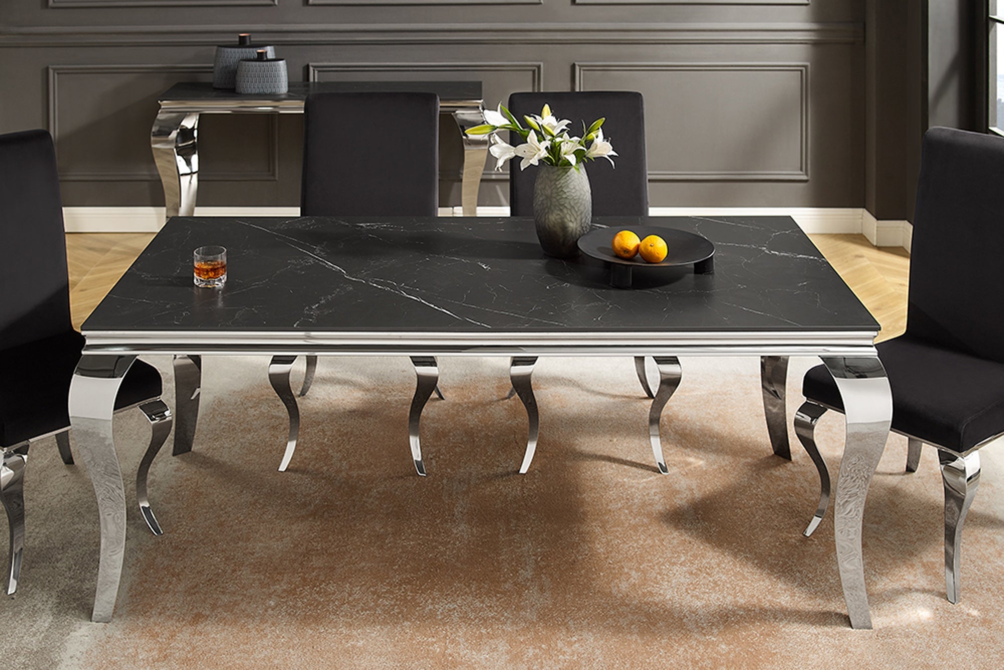 MODERNE BAROQUE mesa de comedor de diseño 180cm negro antracita cromo cerámica mármol