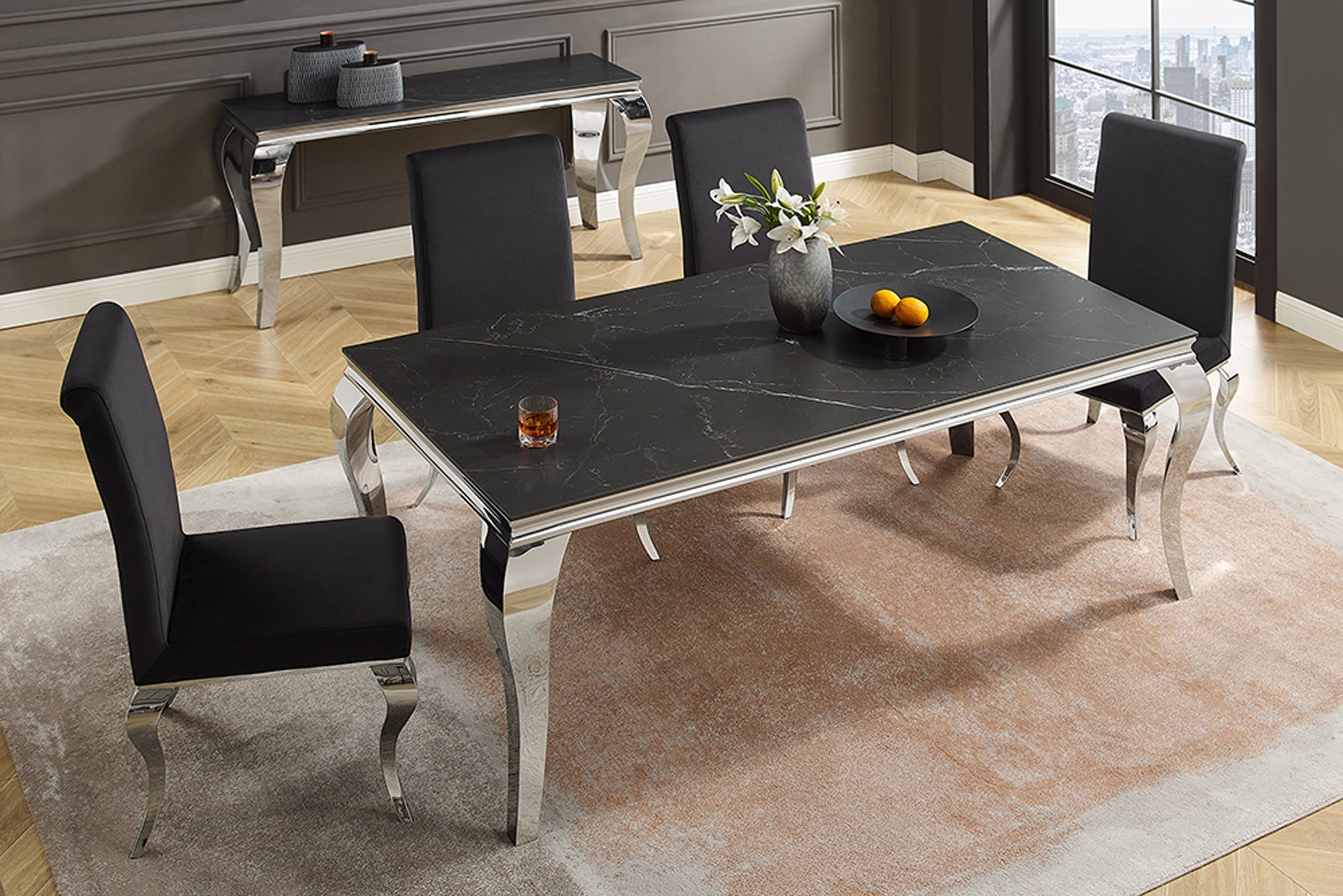 MODERNE BAROQUE mesa de comedor de diseño 180cm negro antracita cromo cerámica mármol