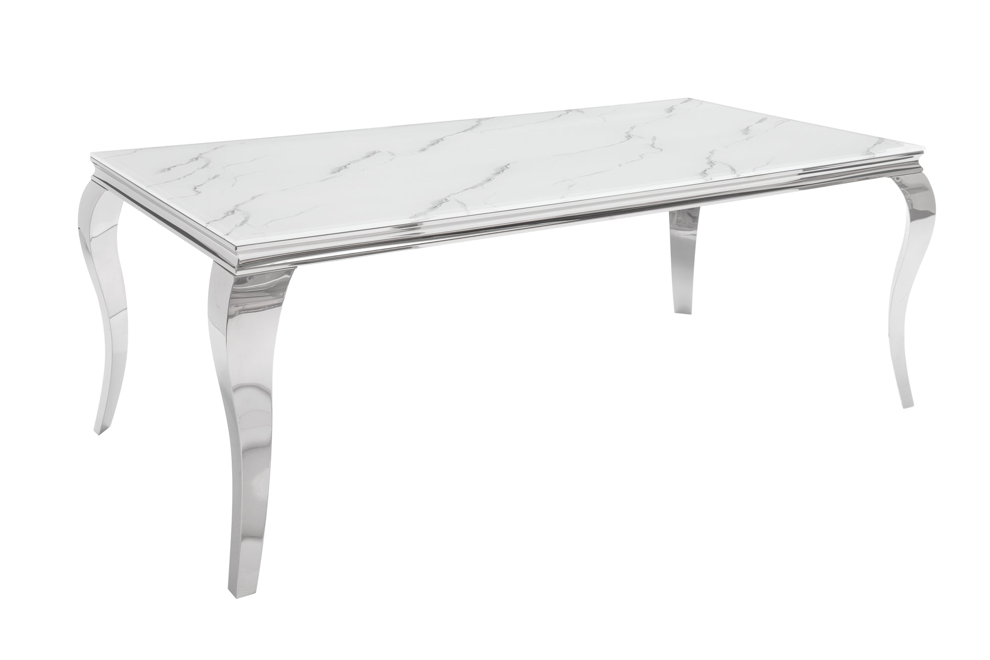 Table à manger design MODERNE BAROQUE 180cm plateau verre chromé blanc marbre pieds inox