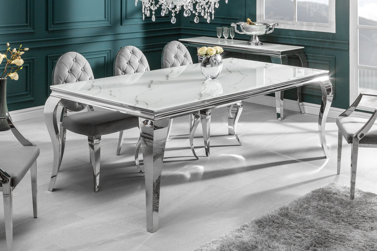 Table à manger design MODERNE BAROQUE 180cm plateau verre chromé blanc marbre pieds inox