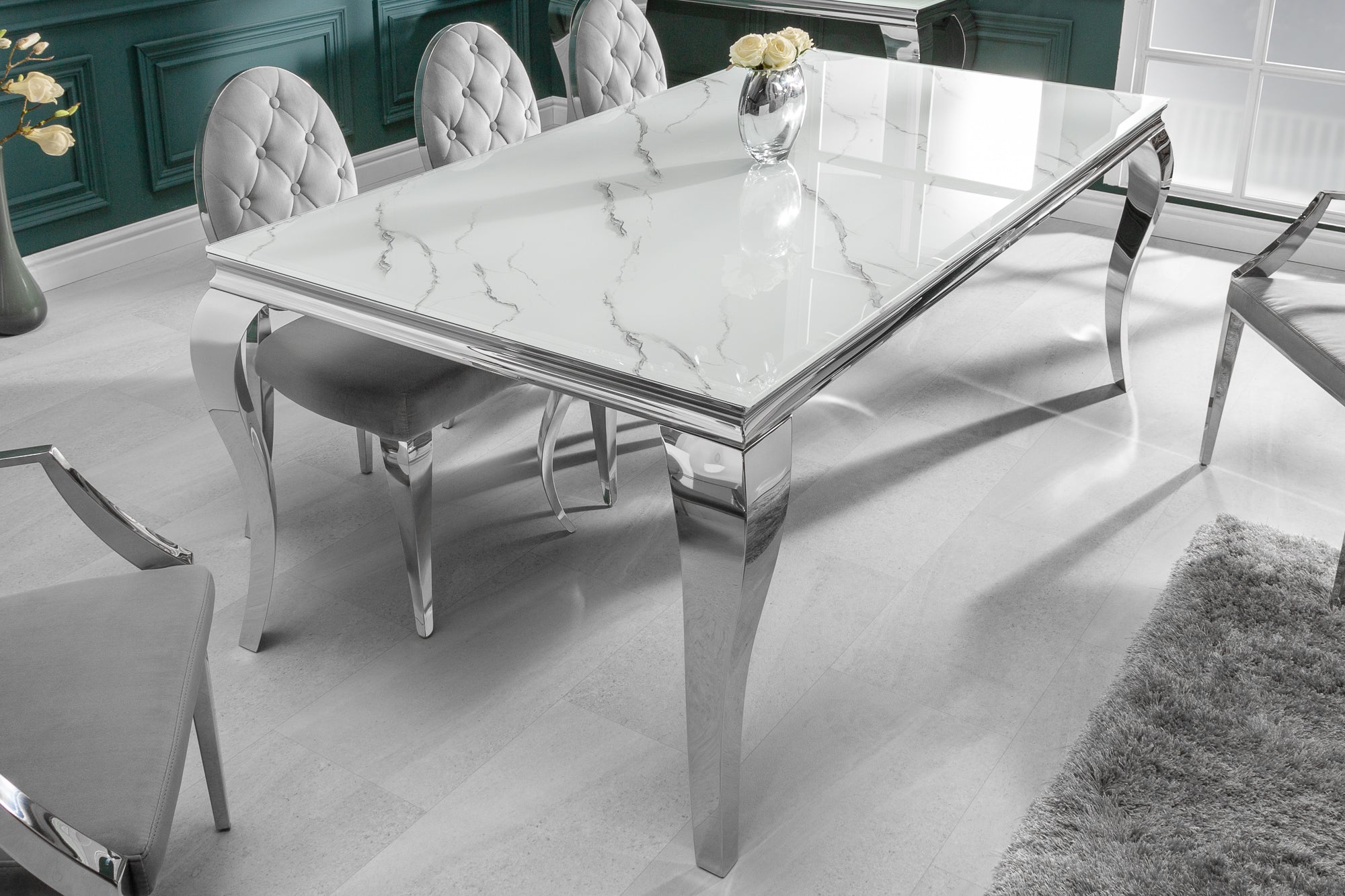 Table à manger design MODERNE BAROQUE 180cm plateau verre chromé blanc marbre pieds inox