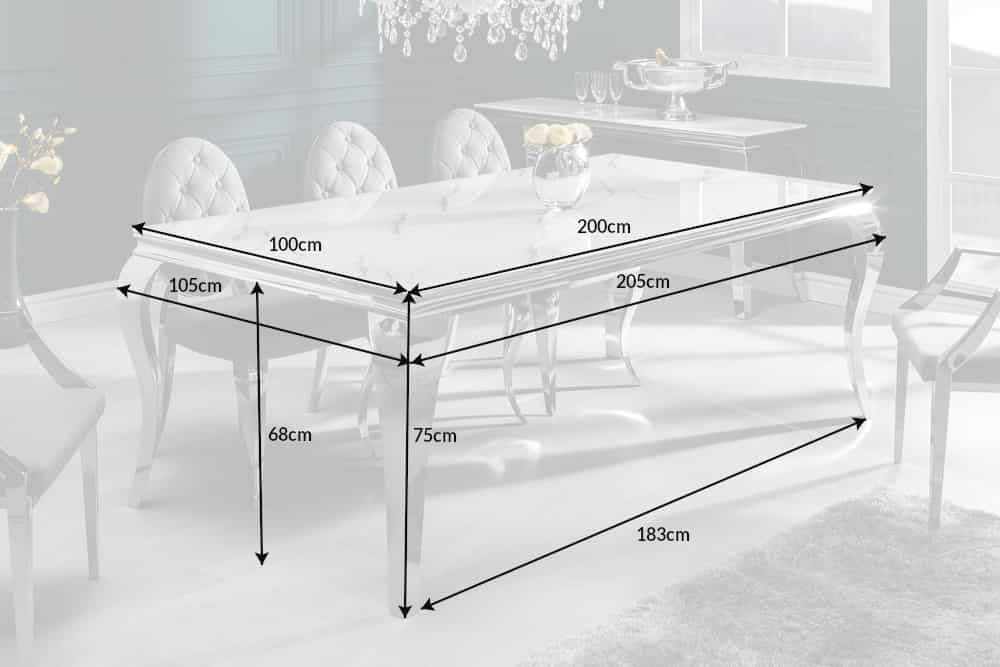 Mesa de comedor de diseño BARROCO MODERNE 200cm tapa de cristal blanco cromo mármol patas de acero inoxidable