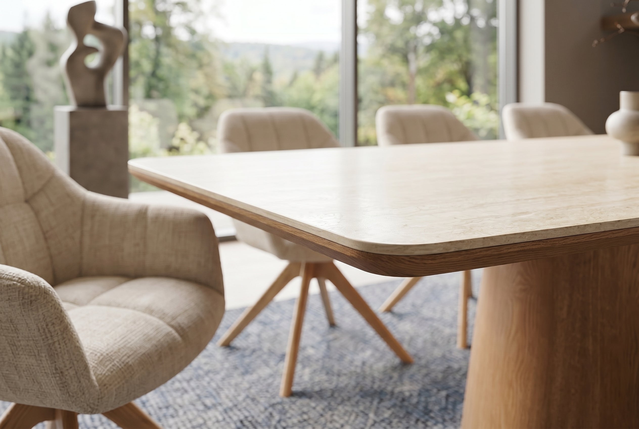 Table à manger design UNIQUE 200cm piètement pilier en chêne céramique travertin marron naturel