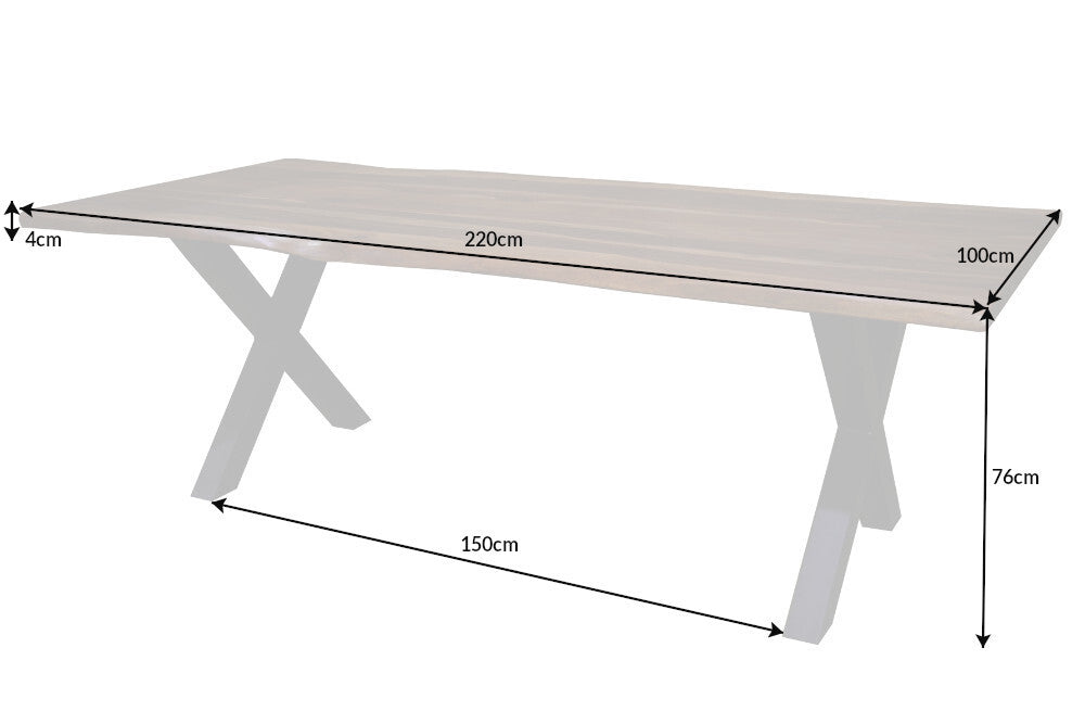 Table à manger en bois massif bordé d'arbre AMAZONAS 220 cm marron Sesham noir cadre en X