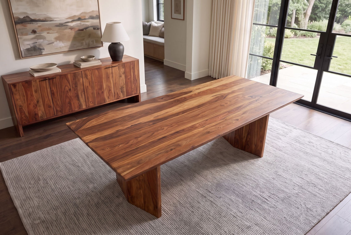 Table à manger en bois massif DIAMOND 240cm finition pierre marron Sheesham avec chant suisse