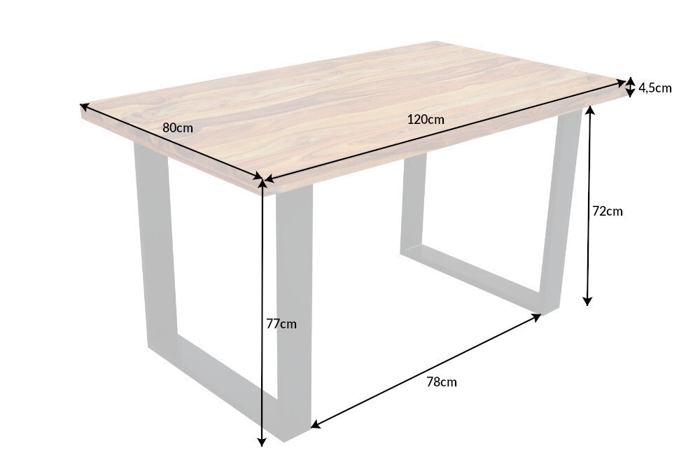 Table à manger en bois massif IRON CRAFT 120cm sheesham marron pieds métal noir finition pierre