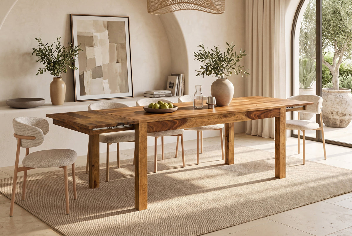 Table à manger en bois massif MAKASSAR 160-200-240cm finition pierre marron Sheesham extensible