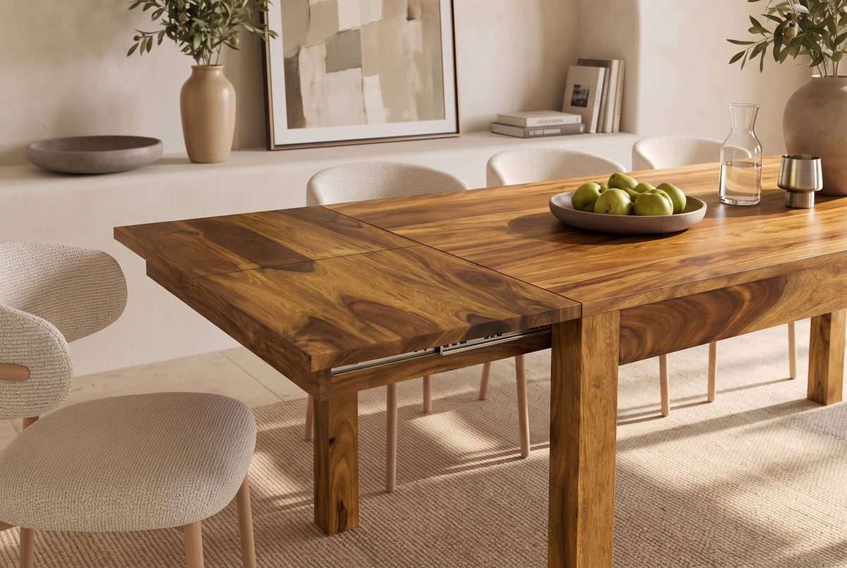 Table à manger en bois massif MAKASSAR 160-200-240cm finition pierre marron Sheesham extensible